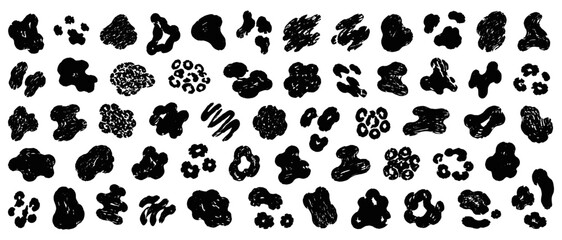 Bold black animal fur spots pattern with swirling brush marks, textured crayon blobs and abstract skin silhouettes vector set © aura studio