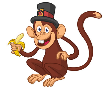Cartoon funny monkey chimpanzee eating banana wearing top hat. Vector illustration isolated on white