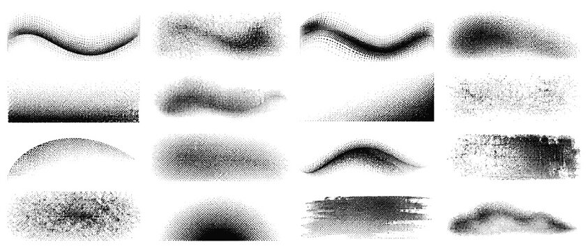 Monochrome noise gradient wave texture background, grainy dotwork halftone overlay with dotted grunge banner vector pattern