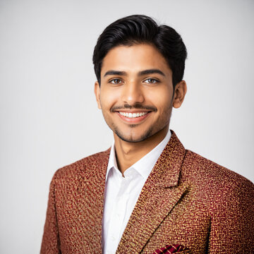 portrait of a confident and genuinely smiling adult man with short dark hair wearing a textured burgundy patterned suit jacket and a crisp white button shirt