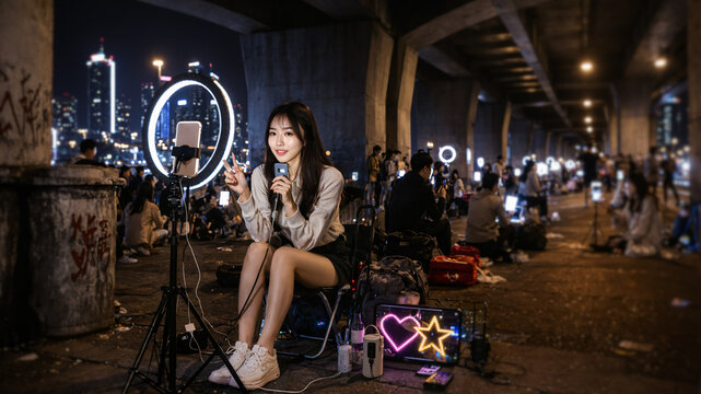 young woman sitting outdoors at night live streaming with a smartphone and ring light showing a confident smile in a busy urban environment surrounded by technology and crowd