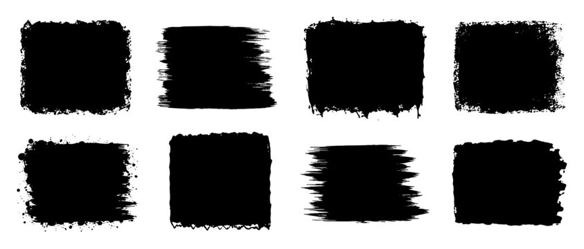 Grunge black paint roller strokes set, thick ink smears, distressed brush stripes, chalk underlines and rough label frames