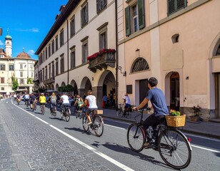 Fototapeta premium A joyful group of cyclists engages in sustainable urban exploration, riding their bikes along a charming historic street under a clear sky, embodying active leisure and eco-friendly travel
