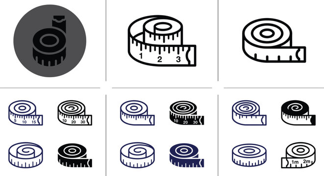 Measuring tape vector icons set featuring roll ruler silhouettes for tailoring sewing body fitness metrics and construction design
