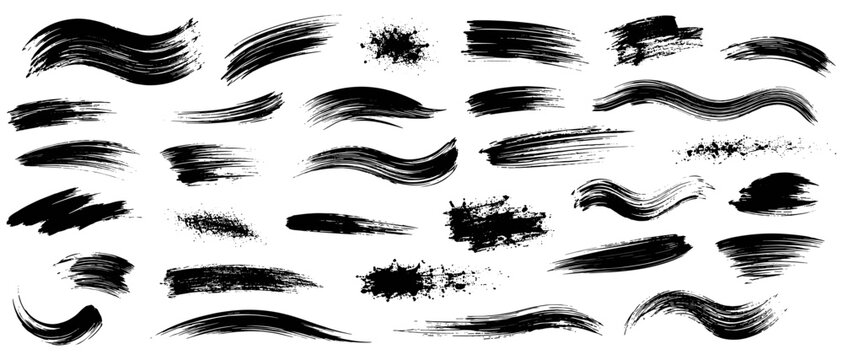 Black mascara brush stroke smudge set isolated, rough ink swatches with dramatic paint texture, cosmetic makeup smear marks for beauty branding vector illustration