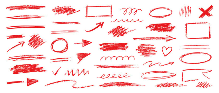 Red crayon underline strokes and pencil brush strikethrough marks, hand drawn scribble highlight lines with chalk arrow accents vector illustration