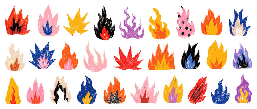 Pastel paper cut fire flame icon set isolated, funky doodle bonfire stickers with crayon texture and scrapbook collage shapes vector illustration