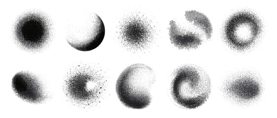 Obraz na płótnie Canvas Grainy dotted sphere set with diffuse spray paint texture, glitter powder circles, halftone gradient noise balls isolated vector collection