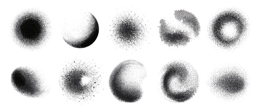 Grainy dotted sphere set with diffuse spray paint texture, glitter powder circles, halftone gradient noise balls isolated vector collection