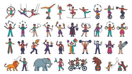 Circus Performance Icons: Acrobats, Jugglers, Animals, and Performers © Joni