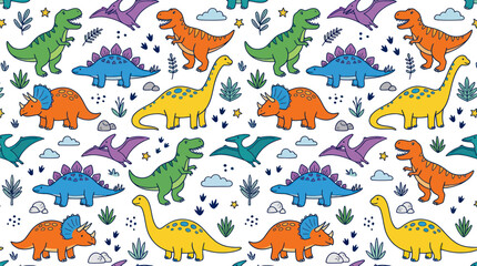 Cute Dinosaur Pattern - Colorful Cartoon Dinosaurs, Kids Animal Wallpaper Background © Joni