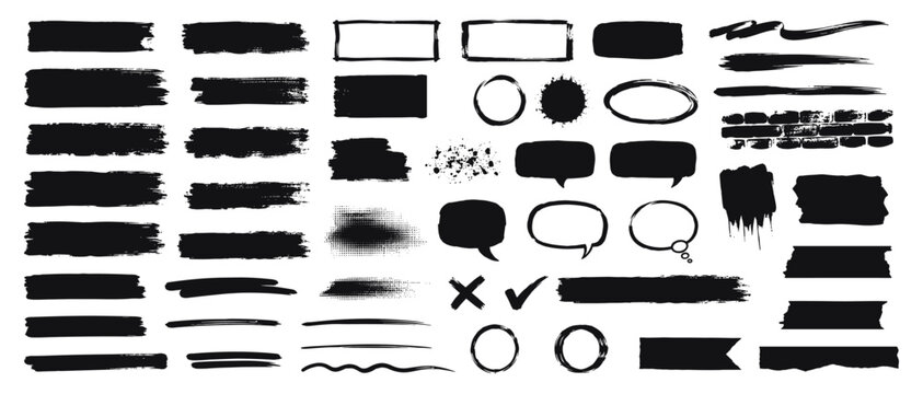 Black ink brush stroke text boxes, grunge paint roller lines, rough underline banners, distressed callout labels and smear stripe vector illustration