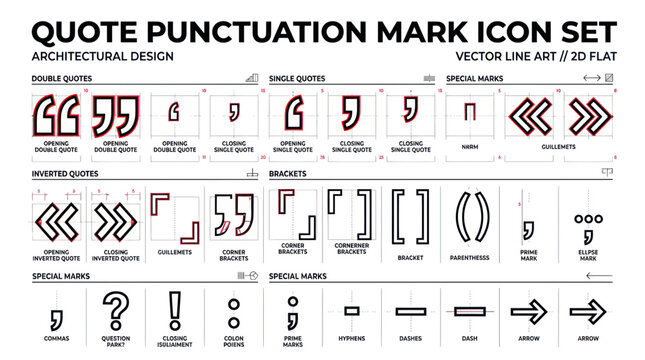 Quote Punctuation Mark Icon Set: Vector Line Art, Architectural Design, 2D Flat
