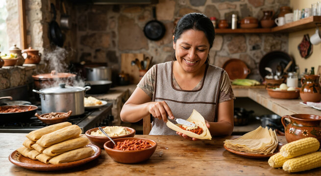 Woman preparing homemade tamales in a rustic kitchen. Traditional cooking process with corn husks and masa. Culinary heritage