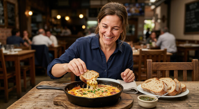 Woman eating provoleta cheese in a restaurant. Melted cheese in a cast iron skillet with bread