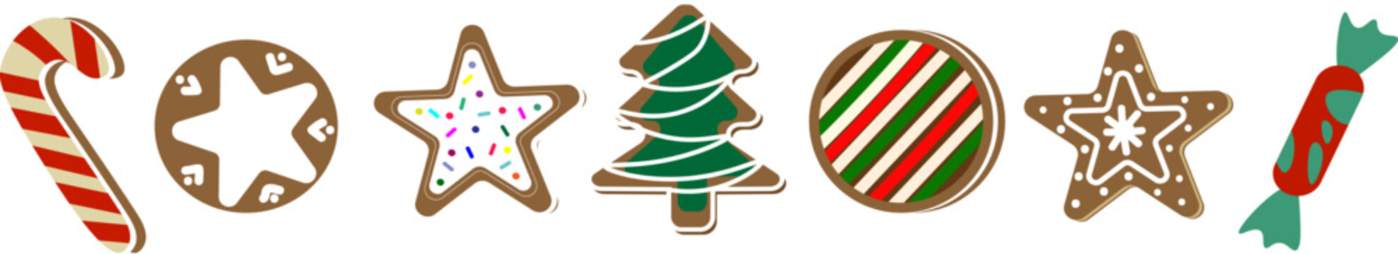 A festive vector collection of Christmas sweets and gingerbread cookies, including a candy cane, stars, and a Christmas tree. This flat-style holiday element set is perfect for winter celebrations and
