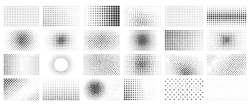Minimal black dot halftone pattern with seamless polka texture, fading circle grid, abstract monochrome notebook paper vector background