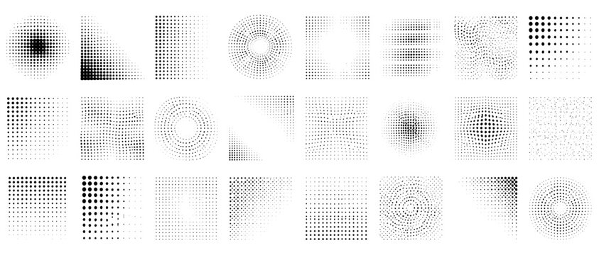 Black dotted halftone gradient texture with seamless polka dot grid, minimalist monochrome pattern for notebook paper and abstract vector background