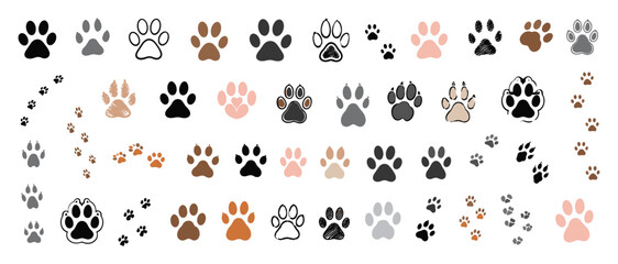 Hand drawn paw print collection with cat and dog footprints, pet footstep marks, animal pad patterns and cute flat vector icons isolated on white background © aura studio