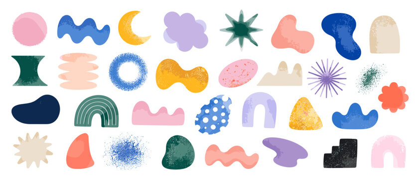 Grainy abstract shapes set with textured organic blobs, blurry aerosol spray effects, soft geometric dots and flat vector elements isolated on white