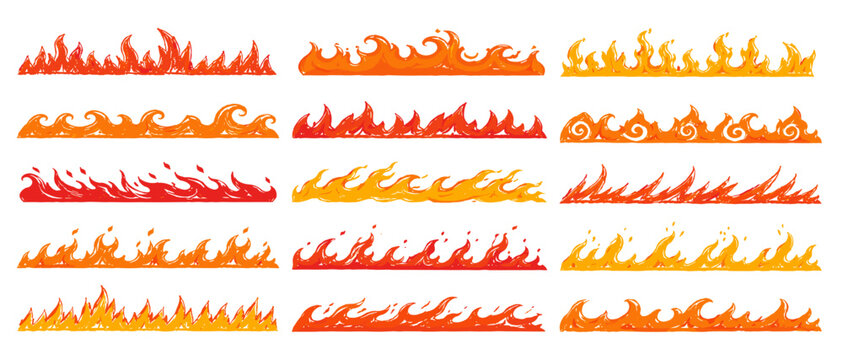Burning fire flame border set with horizontal orange blazes, glowing heat waves, crayon texture and hot decorative vector elements isolated on white background