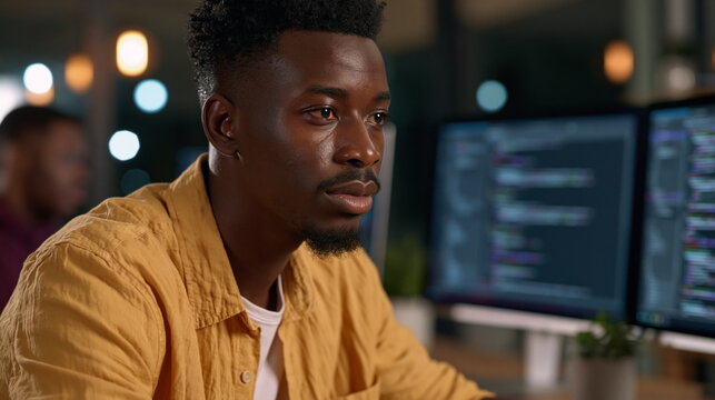 Focused Blockchain Developer Crafting Smart Contract Code in Trendy Workspace, Embodying Innovation and Precision