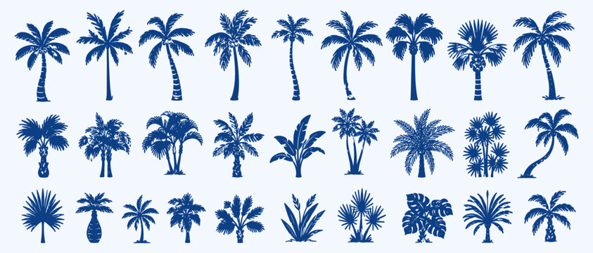 Abstract palm tree collection with blue beach coconut palms, tropical summer plant silhouettes, hand drawn vector elements for stickers and prints