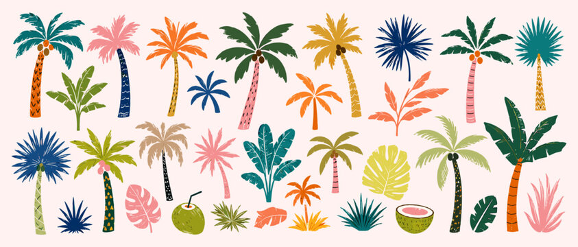 Colorful palm tree silhouettes set with tropical coconut palms, beach plants and exotic leaves, hand drawn vector elements for stickers and prints
