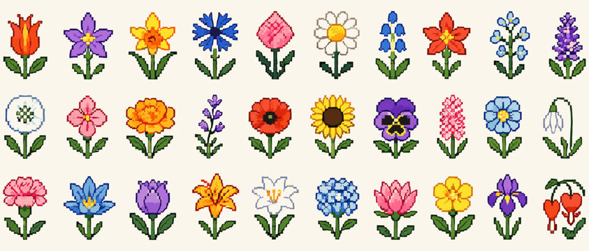Pixel art flower icon set with 8 bit square floral blooms, retro video game style cross stitch embroidery, cute vintage vector elements isolated