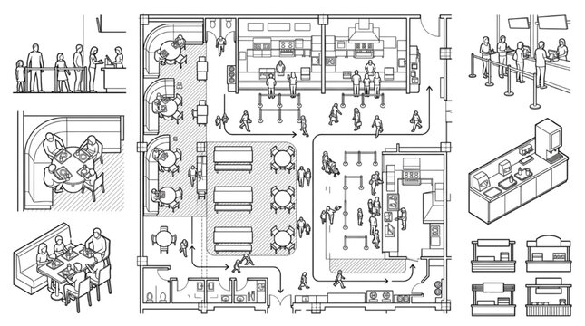 Vector line art collection of fast food restaurant floor plan blueprint entourage elements with kitchen tables and queue counter