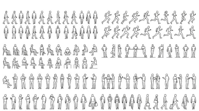Vector line art collection of architectural urban pedestrian entourage elements with walking running sitting and standing people