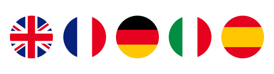 Round European country flag button icon set with United Kingdom, France, Germany, Italy and Spain badges in standard national colors vector © aura studio