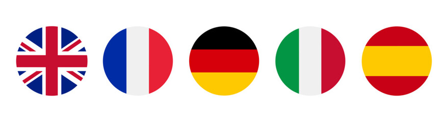 Plakat European flag circle button icon set with United Kingdom France Germany Italy and Spain badges, national country symbols in flat vector style