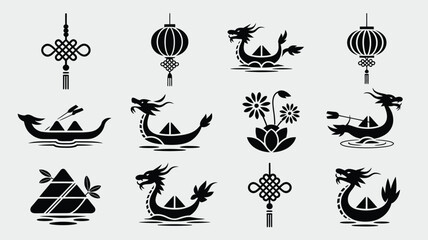Obraz premium Set of black icons representing traditional chinese dragon boat festival elements vector.