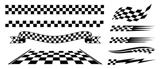 Black and white motorsport checker flag border set with seamless racing grid texture, finish line stripe, rally banner and speed pattern vector © aura studio