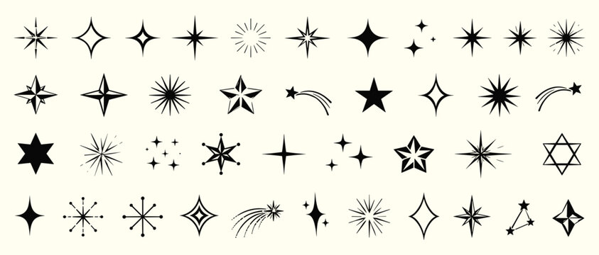 Sparkle star icon collection with shining starburst shapes, bling decoration symbols, rating stars, festive glitter vector set