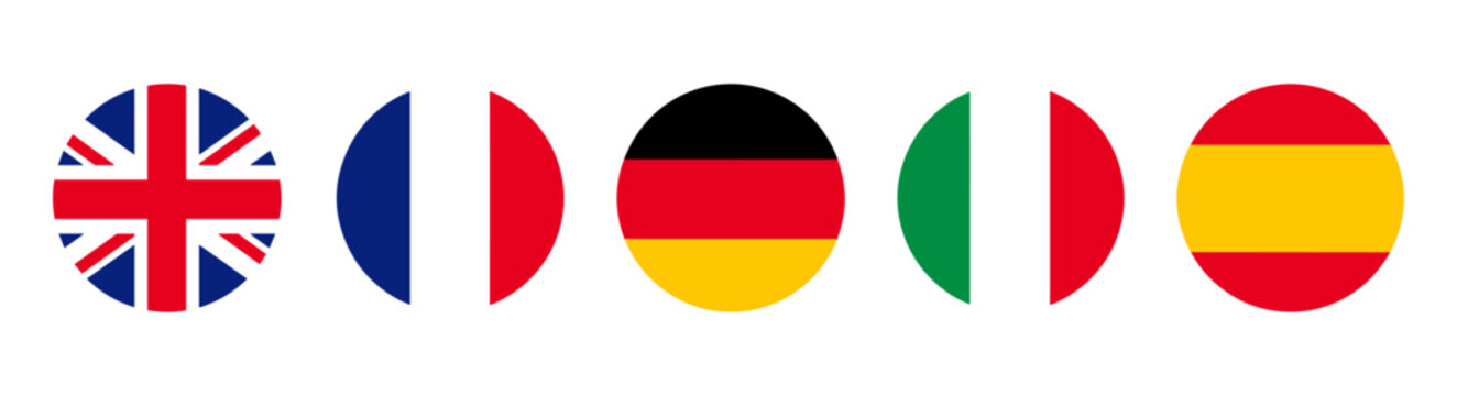 Round European country flag button icon set with United Kingdom, France, Germany, Italy and Spain badges in standard national colors vector