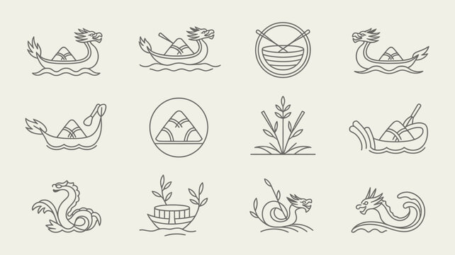 Collection of outline icons depicting dragon boats and sticky rice dumplings for festival.