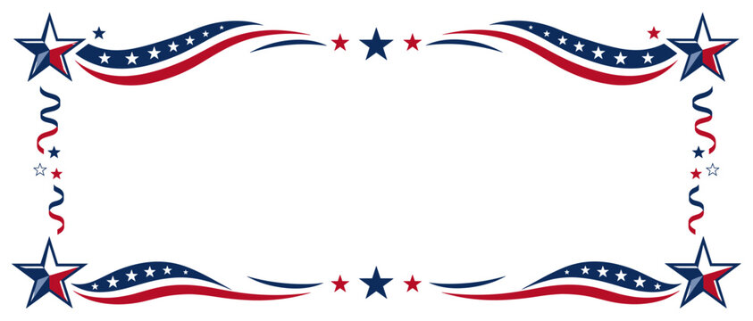 American stars and stripes patriotic border in red white and blue, USA flag inspired horizontal banner frame for independence day celebration vector