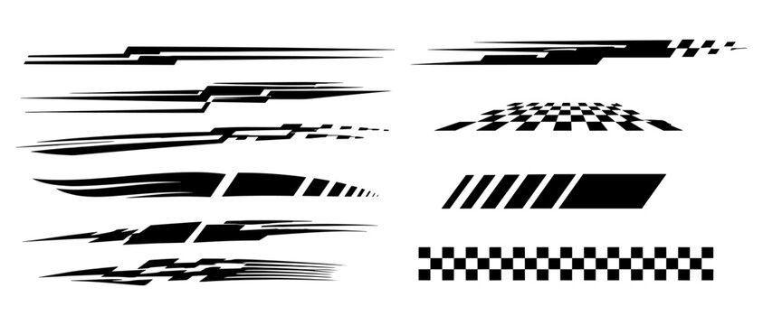 Dynamic race car stripe graphics with fast speed lines, checkered start finish banners, motorsport decals, tuning sticker vector elements