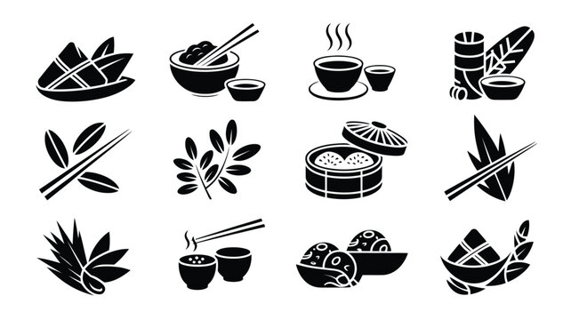 Set of traditional chinese food icons including rice dumplings and tea bowls for menu.
