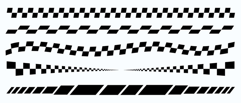 Seamless checkered racing flag border pattern with black and white finish line ribbon, motorsport grid texture for rally banner vector
