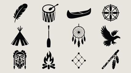 Indigenous vector icons showing cultural artifacts like feathers drums tipis and masks. © Suranjana