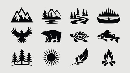 Nature and wildlife icon set featuring mountains forests canoes eagles and wild animals. © Suranjana