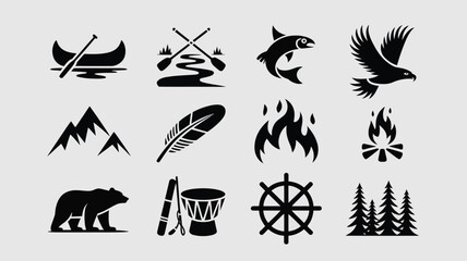 Obraz premium Collection of outdoor adventure icons featuring canoe fish eagle mountain forest fire.