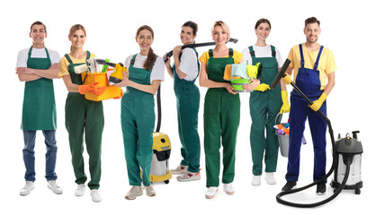 Obraz premium Group of cleaning service workers on white background
