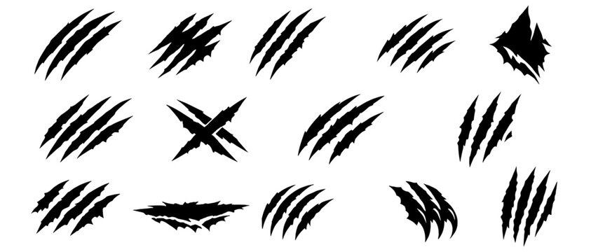 Black claw scratch marks with torn ripped edges, wild animal slash damage, monster nail tears, horror Halloween fantasy texture vector set