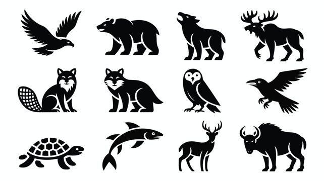 Black silhouette collection of wild forest animals featuring eagle bear wolf fox and owl.