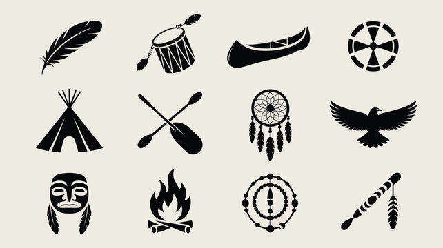 Set of native culture graphic icons featuring feathers drums canoes and tribal symbols.