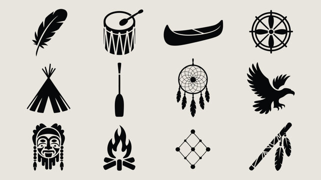Indigenous vector icons showing cultural artifacts like feathers drums tipis and masks.